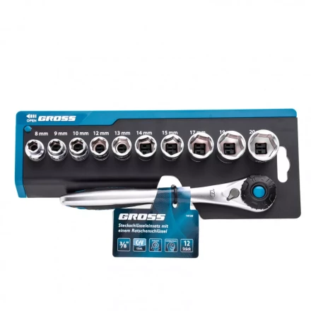 Набор торцевых головок трещотка 120 зубьев 12 предметов 3/8&quot; CrV Gross 14139 купить в Кургане
