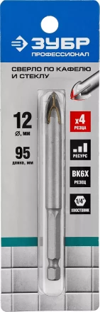 Сверло ЗУБР &quot;ПРОФЕССИОНАЛ&quot; с четырьмя режущими лезвиями  по стеклу и кафелю, d=12мм 29845-12_z01 купить в Кургане