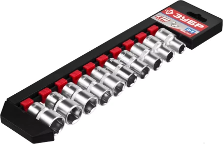 Набор ЗУБР &quot;МАСТЕР&quot;: Торцовые головки (1/2&quot;) на пластиковом рельсе, Cr-V, 10-19мм, 10 предметов 27652-H10 купить в Кургане