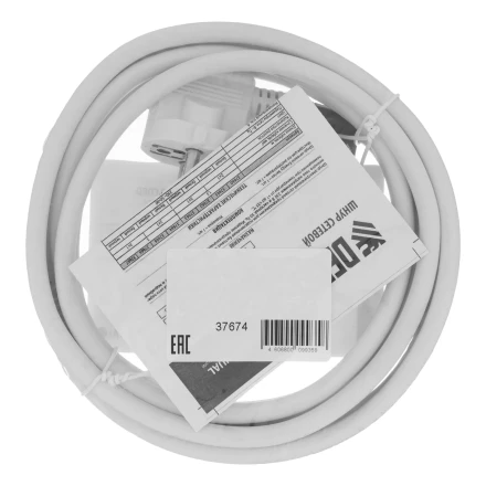 Шнур сетевой Denzel Energy Series, ПВС, 3 м, 3 x 1,5 мм, с неразборной вилкой, белый, 3 м, 37674 купить в Кургане