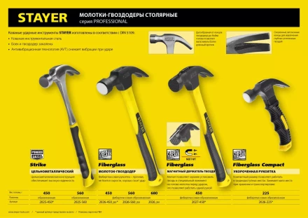 Молоток-гвоздодер &quot;Fiberglass-M&quot; с фиберглассовой рукояткой, с магнитом, 450 г, STAYER Professional 2027-450 купить в Кургане