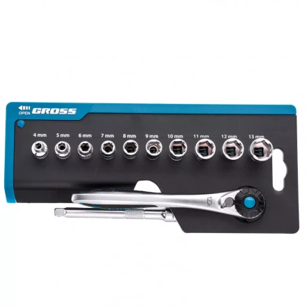 Набор торцевых головок трещотка 120 зубьев 12 предметов 1/4&quot; CrV Gross 14141 купить в Кургане