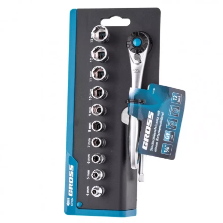 Набор торцевых головок трещотка 120 зубьев 12 предметов 1/4&quot; CrV Gross 14141 купить в Кургане