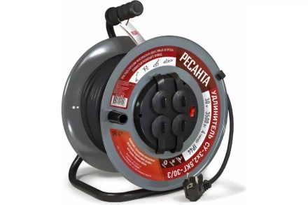 Удлинитель силовой на металлической катушке Ресанта СУ-3х2,5КГ-30/3 (с выкл., 4 розетки, IP44) 61/118/9 купить в Кургане