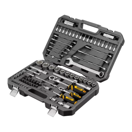 Набор инструментов Denzel, 1/2&quot;, 1/4&quot;, CrV, S2, пластиковый кейс, 82 предмета 15809 купить в Кургане