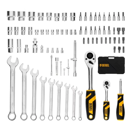 Набор инструментов Denzel, 1/2&quot;, 1/4&quot;, CrV, S2, пластиковый кейс, 82 предмета 15809 купить в Кургане
