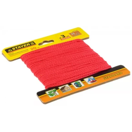Шнур STAYER &quot;STANDARD&quot; хозяйственно-бытовой, полипропиленовый, вязанный, без сердечника, красный, d 3, 20м 50425-03-020 купить в Кургане