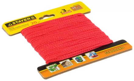 Шнур STAYER &quot;STANDARD&quot; хозяйственно-бытовой, полипропиленовый, вязанный, без сердечника, красный, d 3, 20м 50425-03-020 купить в Кургане