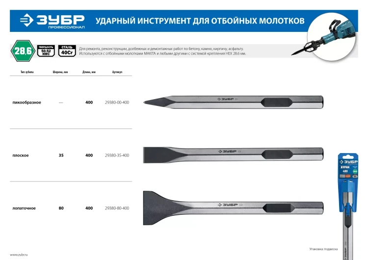 ЗУБР БУРАН, 35 х 400 мм, HEX 28, плоское зубило (29380-35-400) купить в Кургане