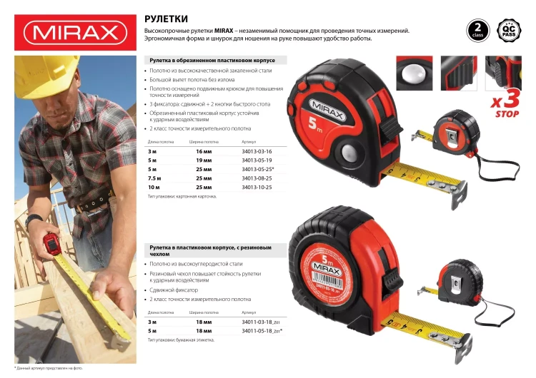 Рулетка MIRAX, 3 стопора, двухкомпонентный пластиковый корпус, 10мх25мм 34013-10-25 купить в Кургане