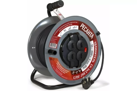 Удлинитель силовой на металлической катушке Ресанта СУ-3х2,5КГ-50/3 (с выкл., 4 розетки, IP44) 61/118/10 купить в Кургане