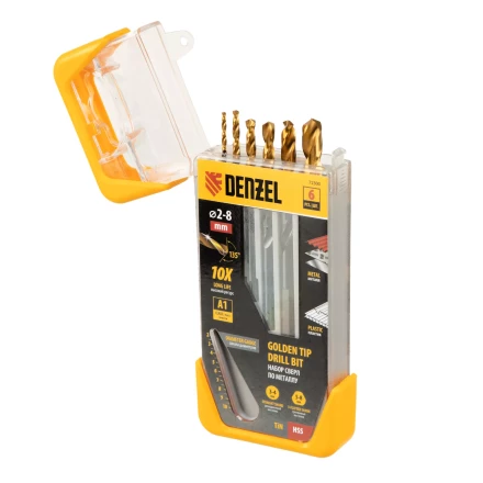 Набор сверл по металлу, 2-3-4-5-6-8 мм, HSS-Tin, Golden Tip, 6 шт Denzel 72300 купить в Кургане
