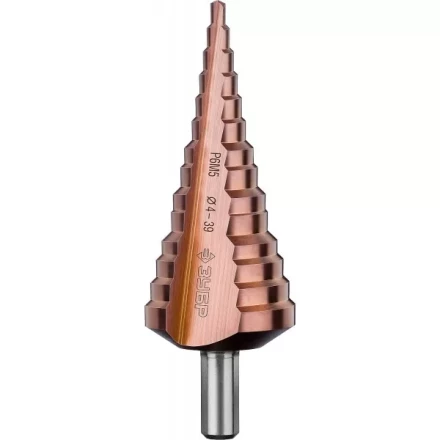 Сверло ЗУБР "КОБАЛЬТ" ступен. по сталям и цв.мет.ст.Р6М5 с кобальт.покрыт.d 4-39мм,14ст.d4-39,L-113мм, 3-хгран.хв. 10мм 29672-4-39-14 купить в Кургане