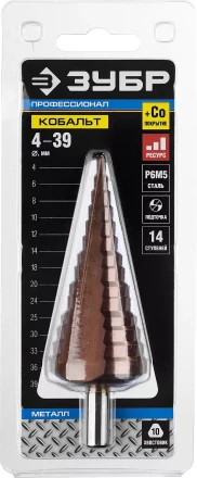 Сверло ЗУБР "КОБАЛЬТ" ступен. по сталям и цв.мет.ст.Р6М5 с кобальт.покрыт.d 4-39мм,14ст.d4-39,L-113мм, 3-хгран.хв. 10мм 29672-4-39-14 купить в Кургане