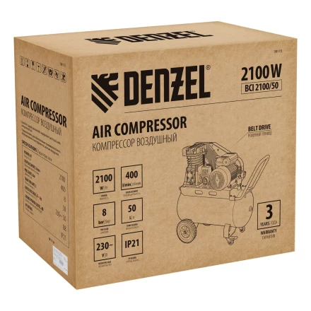 Компрессор воздушный рем. привод Denzel BCI 2100/50, 2,1 кВт, 50 литров, 400 л/мин купить в Кургане