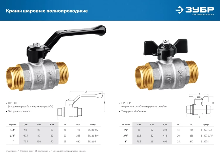 ЗУБР d 3/4, ручка бабочка, папа-папа, полнопроходной шаровой кран (51327-3/4) купить в Кургане