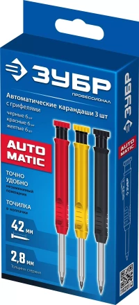 ЗУБР АСК набор: 18 сменных грифелей: 6ч + 6ж + 6к ( d 2,8 мм, HB), 3 автоматических карандаша (06312-H6) купить в Кургане
