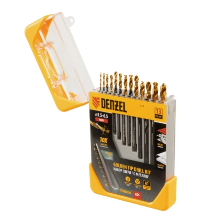 Набор сверл по металлу, 1,5-6,5 мм, HSS-Tin, Golden Tip, 13 шт Denzel 72318 купить в Кургане