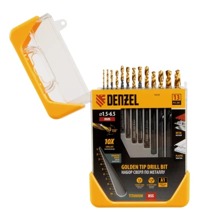Набор сверл по металлу, 1,5-6,5 мм, HSS-Tin, Golden Tip, 13 шт Denzel 72318 купить в Кургане