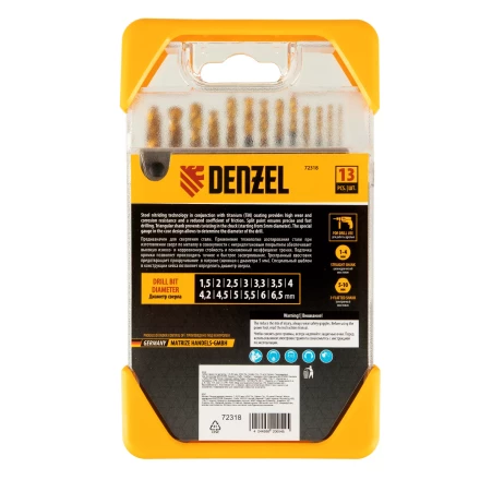 Набор сверл по металлу, 1,5-6,5 мм, HSS-Tin, Golden Tip, 13 шт Denzel 72318 купить в Кургане