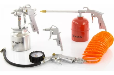 Набор пневмоинструмента 5 предметов быстросъемное соединение, краскораспылитель с нижним бачком MATRIX 57302 купить в Кургане