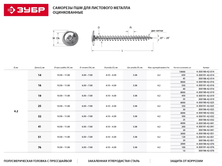 Саморезы ЗУБР с прессшайбой по листовому металлу до 0,9 мм, PH2, 4,2х51 мм, 20шт 300196-42-051 купить в Кургане