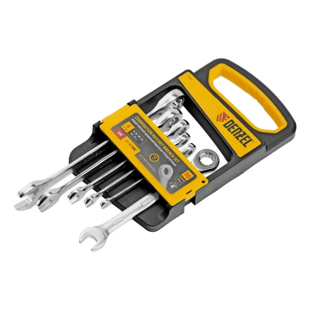 Набор ключей комбинированных трещоточных 6-17 мм, 6 шт., CrV, матовый хром// Denzel 14720 купить в Кургане