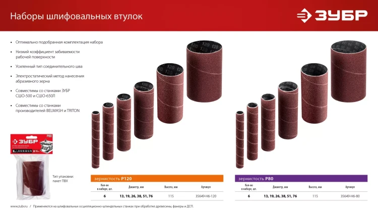 ЗУБР набор 6 шт: 13, 19, 26, 38, 51, 76 мм, высота 115 мм, Р80, втулки шлифовальные для станка СШО-500 МАСТЕР (35649-H6-80) купить в Кургане