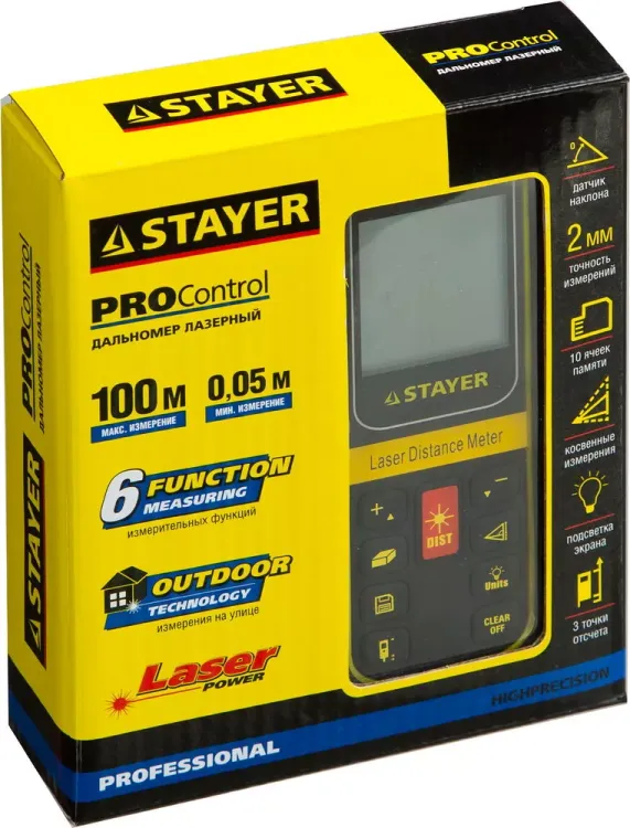 Дальномер PRO-Control лазерный, дальность 100м, точность 2мм, STAYER Professional 34959 34959 купить в Кургане