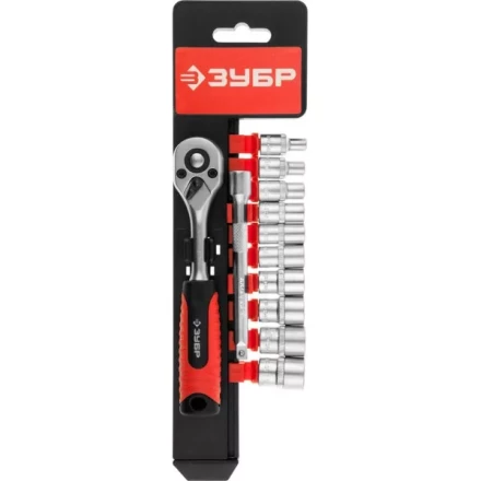 Набор ЗУБР &quot;МАСТЕР&quot;: Торцовые головки (1/4&quot;) на пластиковом рельсе, трещотка, удлинитель, Cr-V, 4-13мм, 12 предметов 27645-H12 купить в Кургане