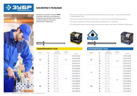 Заклепки ЗУБР стальные, 4,0x6мм, 500шт 31313-40-06 купить в Кургане