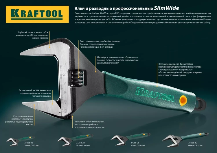 Ключ разводной SlimWide, 200 / 38 мм, KRAFTOOL 27258-20 купить в Кургане