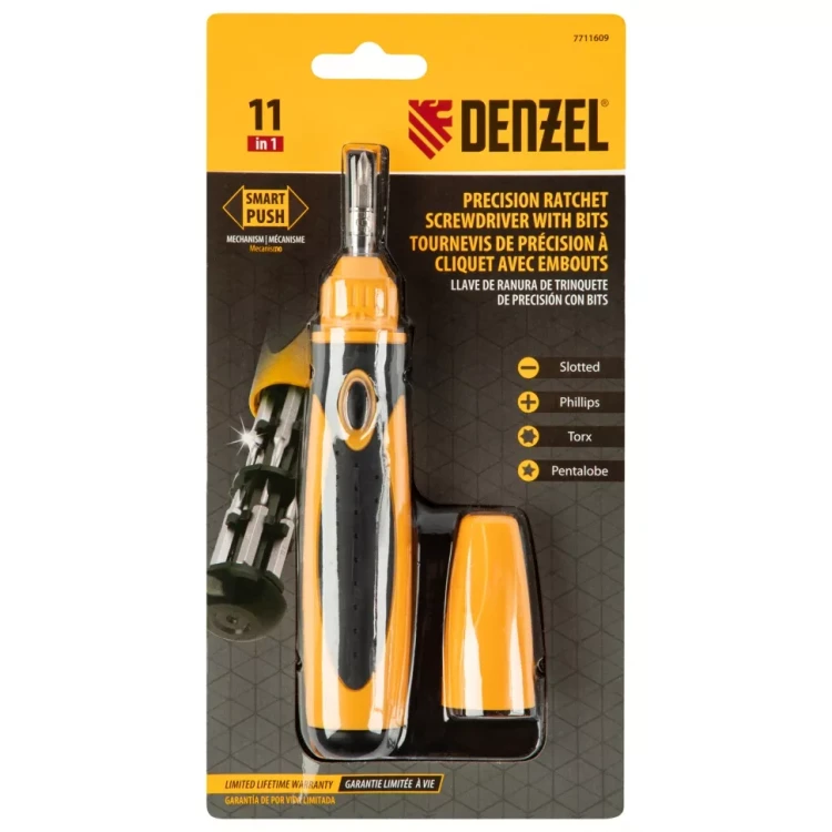 Отвертка реверсивная Denzel 7711609, механизм SmartPush mini 11 шт, CrMo купить в Кургане