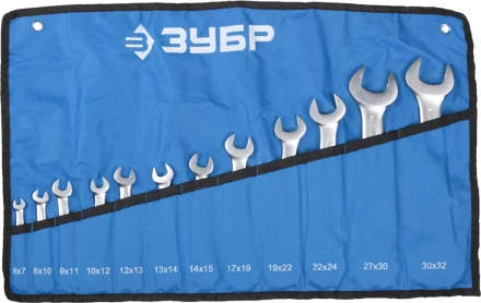 Набор ЗУБР "ПРОФИ": Ключ гаечный рожковый, Cr-V сталь, хромированный, 6х32мм, 12шт 27027-H12 купить в Кургане