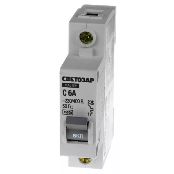 Выключатель СВЕТОЗАР автоматический, 1-полюсный, "С" (тип расцепления), 6 A, 230 / 400 В 49060-06-C купить в Кургане