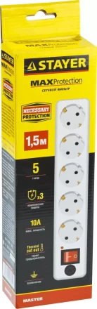 Сетевой фильтр STAYER "MASTER" электрический, 5 гнезд, макс. мощн. 2200 Вт, 1.5м 55066-1.5 купить в Кургане