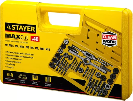 Набор метчиков и плашек STAYER &quot;MASTER&quot;, плашки 17шт, метчики 17шт, метчикодерж. 2шт, плашкодерж. 1шт, резьбомер 1шт, отвертка 1шт, 40 предметов 2805-H40_z01 купить в Кургане