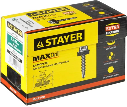 Саморезы СКД кровельные, RAL 6005 зеленый насыщенный, 51 х 4.8 мм, 250 шт, для деревянной обрешетки, STAYER 30305-48-051-6005 купить в Кургане