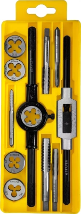 Набор метчиков и плашек STAYER &quot;MASTER&quot;, метчикодержатель 1шт, плашкодержатель 1шт, метчики 5шт, плашки 5шт, 12 предметов 28012-H12_z01 купить в Кургане