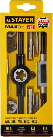 Набор метчиков и плашек STAYER &quot;MASTER&quot;, метчикодержатель 1шт, плашкодержатель 1шт, метчики 5шт, плашки 5шт, 12 предметов 28012-H12_z01 купить в Кургане