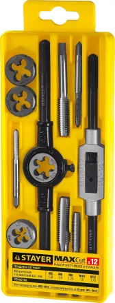 Набор метчиков и плашек STAYER &quot;MASTER&quot;, метчикодержатель 1шт, плашкодержатель 1шт, метчики 5шт, плашки 5шт, 12 предметов 28012-H12_z01 купить в Кургане