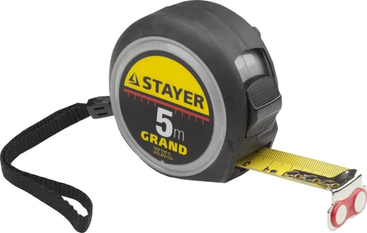 Рулетка STAYER GRAND, корпус с противоскользящим напылением, упрочненное полотно, 5м/25мм 552027 купить в Кургане