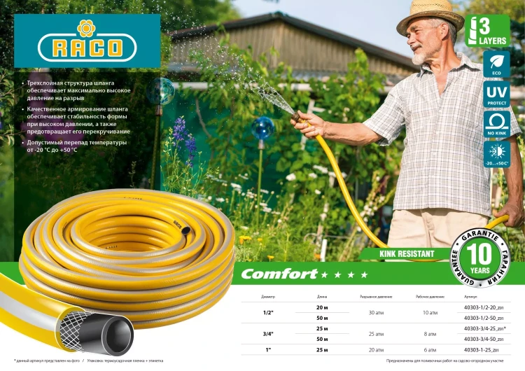 Шланг RACO "COMFORT" поливочный, 30атм., армированный, 3-х слойный, 1/2"х20м 40303-1/2-20 купить в Кургане
