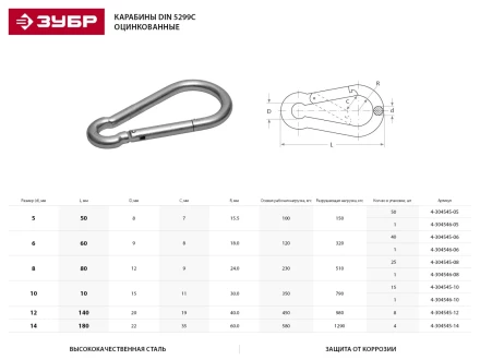 Карабин ЗУБР &quot;МАСТЕР&quot; DIN 5299С, оцинкованный, 12мм, 8 шт 4-304545-12 купить в Кургане