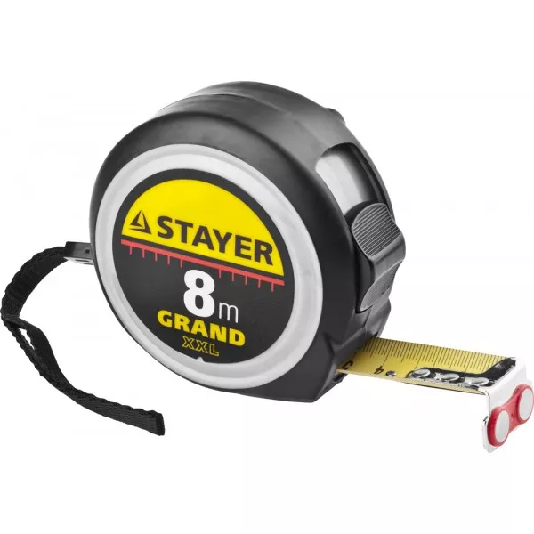 Рулетка STAYER GRAND, корпус с противоскользящим напылением, упрочненное полотно, 8м/25мм 552119 купить в Кургане