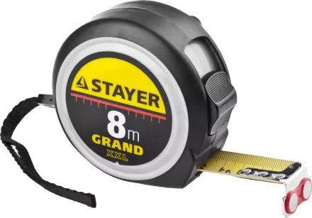 Рулетка STAYER GRAND, корпус с противоскользящим напылением, упрочненное полотно, 8м/25мм 552119 купить в Кургане