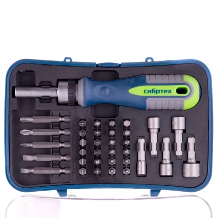 Отвертка реверсивная с набором бит и торцевыми головками 35 шт CrV Сибртех 13337 купить в Кургане