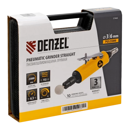 Пневмошлифмашина прямая Denzel 57464 PGS25000, 25000 об/мин, 10 шлиф. камней, цанга - 3, 6 мм, 113 л/мин купить в Кургане