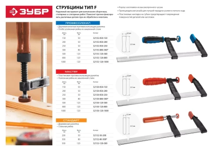 Струбцина ЗУБР &quot;МАСТЕР&quot;, тип &quot;F&quot;, пластмассовая ручка, стальная закаленная рейка, 80х300мм 32150-080-300 купить в Кургане