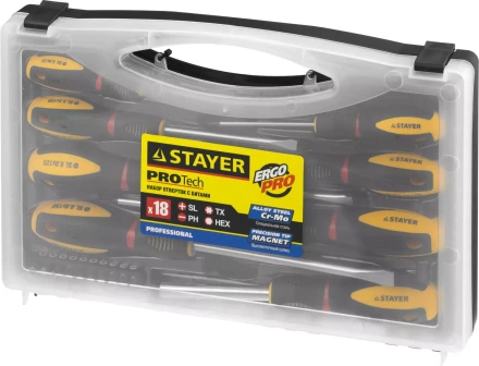 Набор STAYER &quot;PROFESSIONAL&quot; &quot;PROTech&quot;: Отвертки, Cr-Mo, двухком рукоят, отвертки 7шт, отвертка-битодержатель, биты 10шт 25133-H8_z02 купить в Кургане